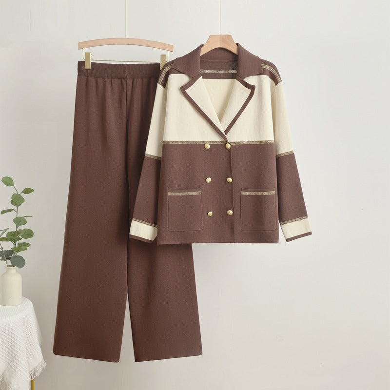 Damen elegantes und komfortables Freizeitanzug-Set mit doppelter Knopfleiste Drune