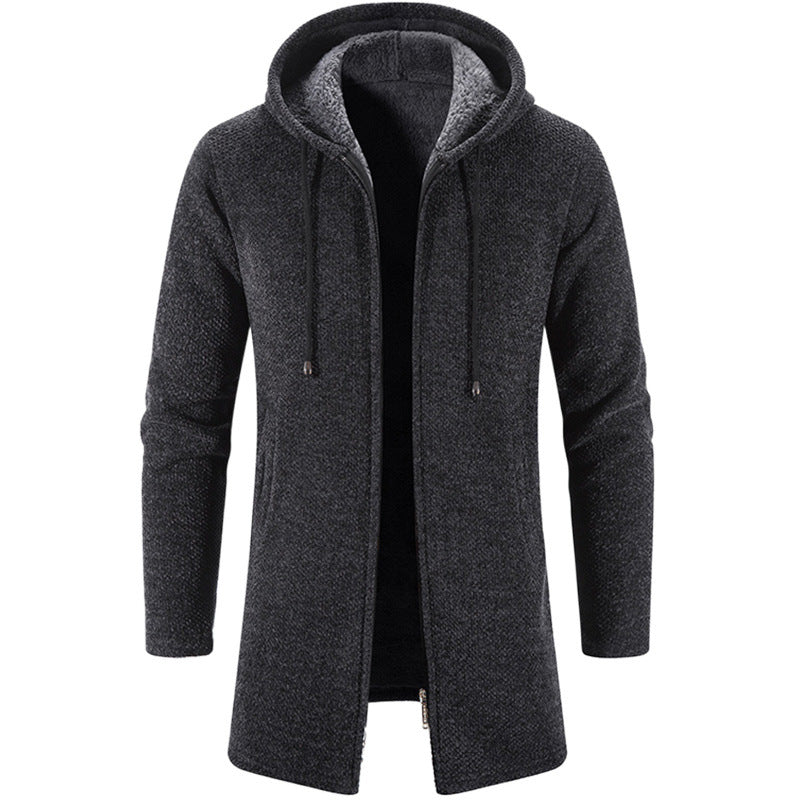 Herren nan langer Kapuzenstrickmantel mit Teddyfutter, durchgehendem Reißverschluss und seitlichen Eingrifftaschen Drune