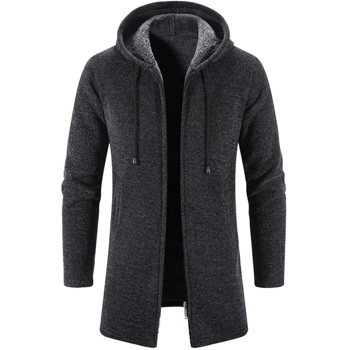 Herren nan langer Kapuzenstrickmantel mit Teddyfutter, durchgehendem Reißverschluss und seitlichen Eingrifftaschen Drune