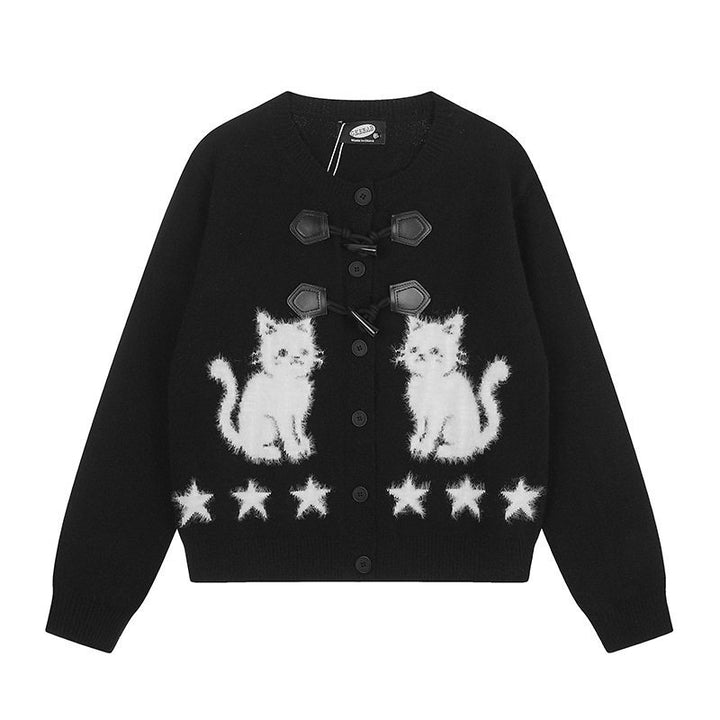 Damen Strickjacke mit Katzen-Jacquard, Zierknebelverschluss und Sternbordüre Drune