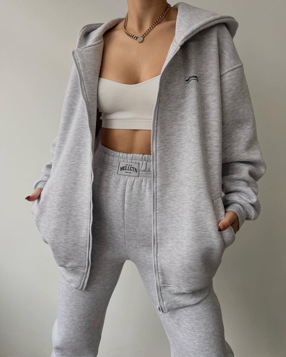 Damen lässiger und bequemer Kapuzenpullover mit Reißverschluss und Jogginghose-Set Drune