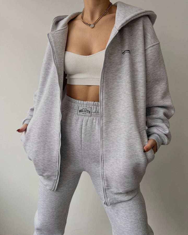 Damen lässiger und bequemer Kapuzenpullover mit Reißverschluss und Jogginghose-Set Drune
