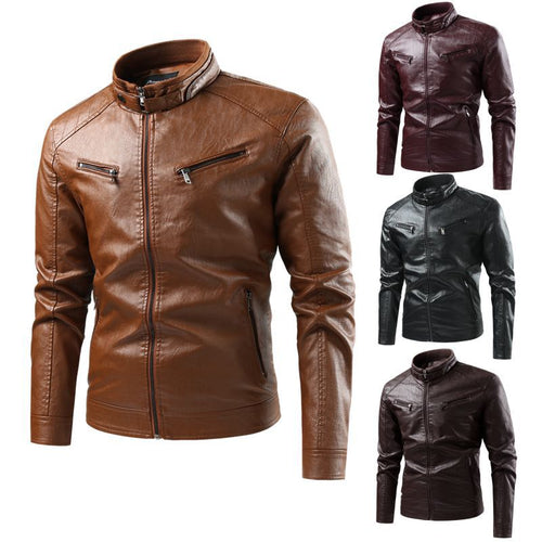 Herren Modische Kunstlederjacke mit Stehkragen und praktischen Taschen Drune
