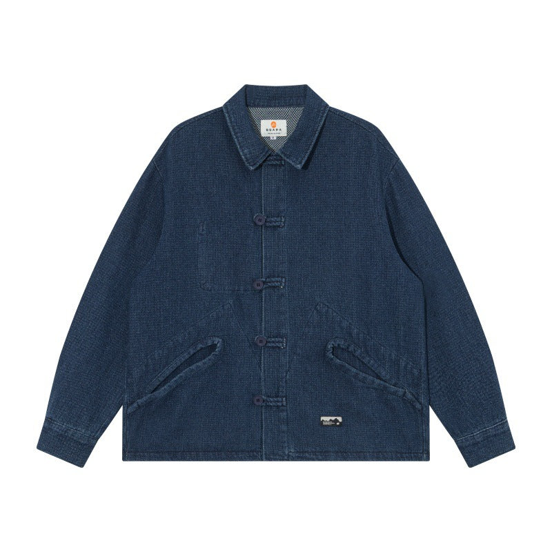 Herren Kurz geschnittene Denim-Chorejacke im Boxy-Blousonstil mit chinesischer Knebelknopfleiste Drune