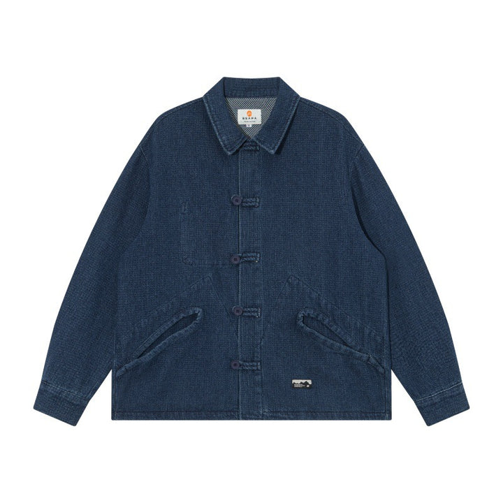 Herren Kurz geschnittene Denim-Chorejacke im Boxy-Blousonstil mit chinesischer Knebelknopfleiste Drune