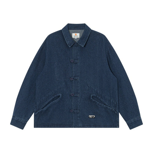 Herren Kurz geschnittene Denim-Chorejacke im Boxy-Blousonstil mit chinesischer Knebelknopfleiste Drune