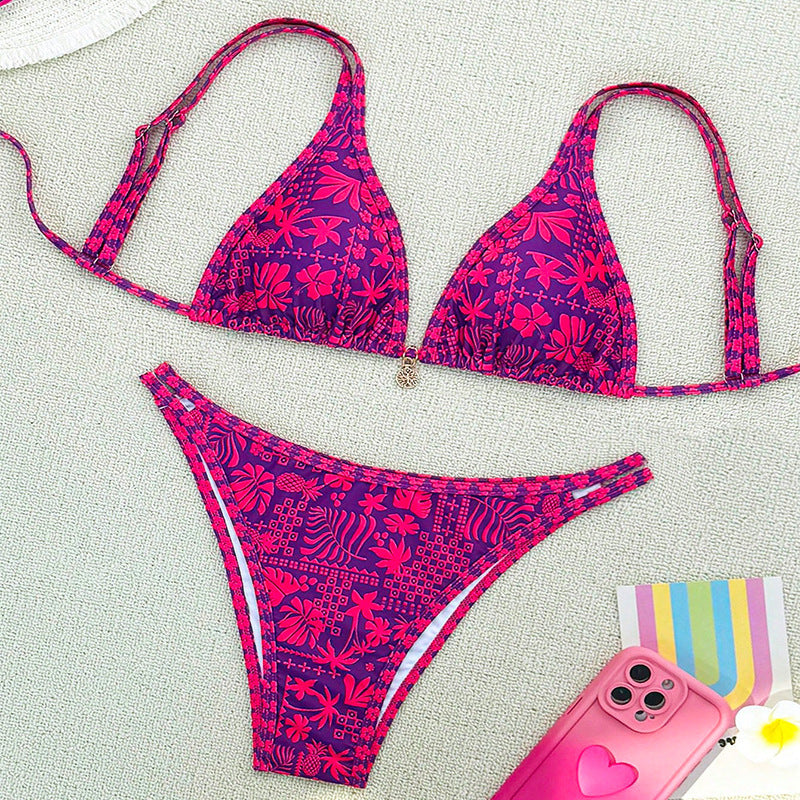 Damen Triangel-Bikini mit floralem Muster und elegantem Schmuckdetail Drune