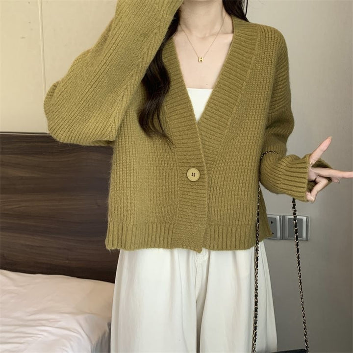 Damen trendige Strickjacke mit tiefem V-Ausschnitt und Knopfverschluss Drune