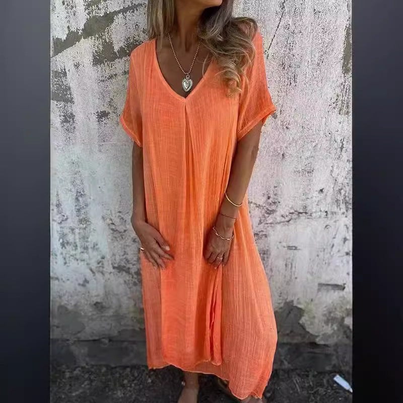 Damen lässiges Leinenkleid mit V-Ausschnitt und seitlichen Taschen Drune