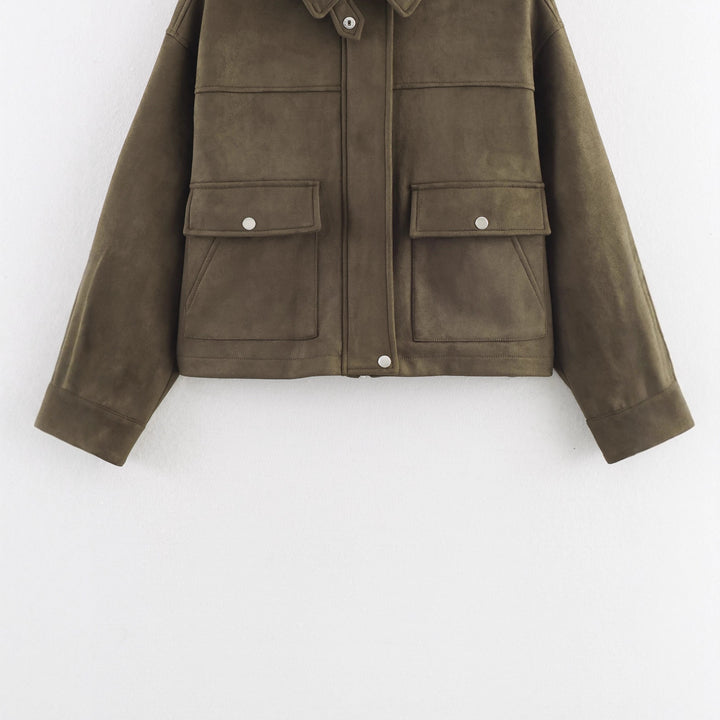 Damen Modische Kurzjacke aus weichem Kunstleder mit praktischen Taschen Drune