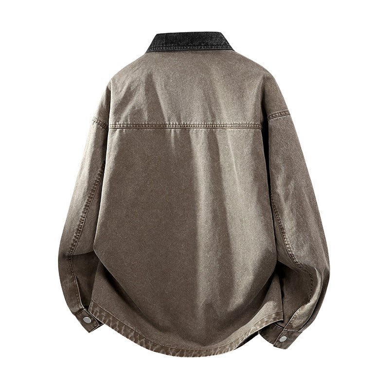 Herren Oversize Denim-Hemdjacke mit Kontrasttasche und Druckknopfleiste Drune