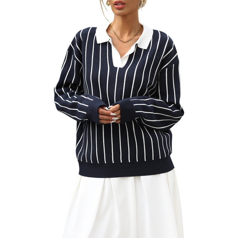 Damen Modischer Strickpullover mit Polo-Kragen und gestreiftem Design Drune