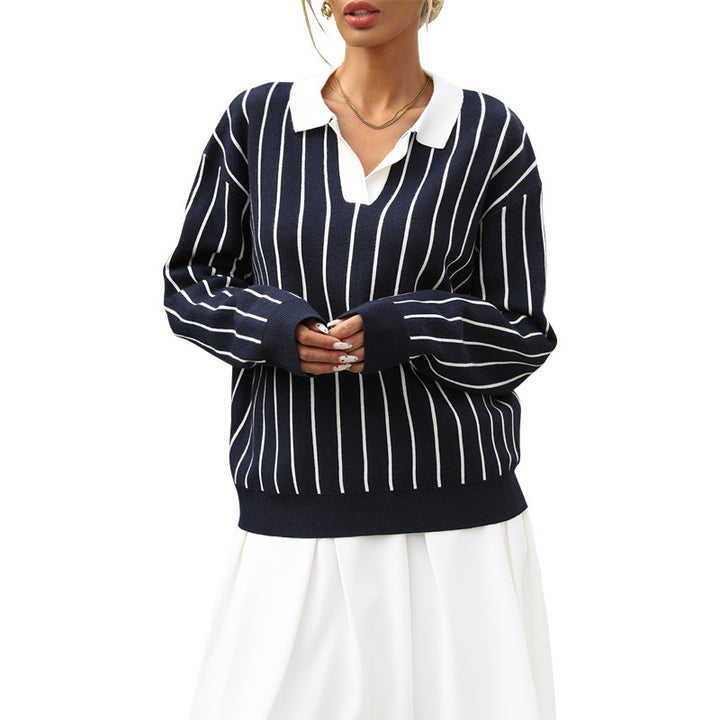 Damen Modischer Strickpullover mit Polo-Kragen und gestreiftem Design Drune