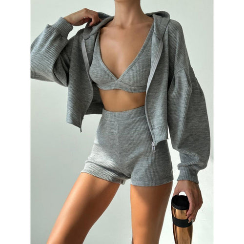 Damen nan kurzes geripptes Lounge-Set mit Kapuzen-Zipjacke und Highwaist-Shorts Drune