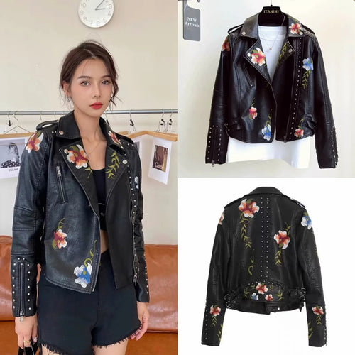 Damen kunstleder Bikerjacke mit floralem Stickdesign und Nietenverzierungen Drune