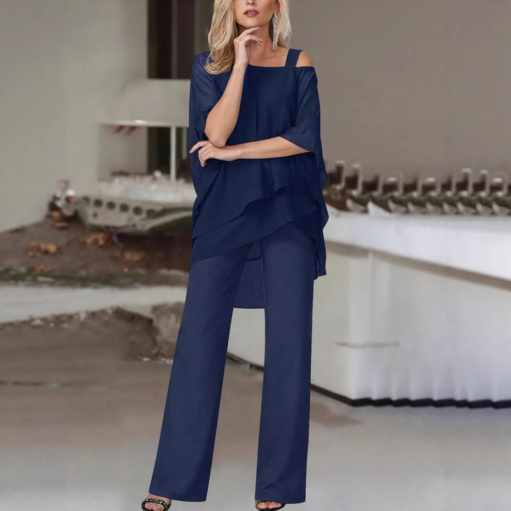 Damen Elegantes Chiffon-Zweiteiler mit Lagen‑Tunika, asymmetrischem Ein‑Schulter‑Detail und weiter Palazzohose Drune