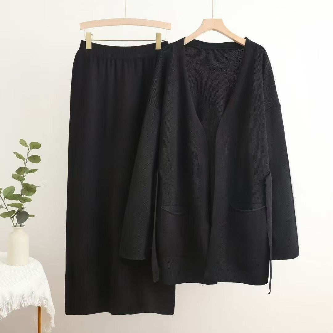 Damen lässiges Strickensemble mit tiefem V-Ausschnitt und praktischen Taschen Drune