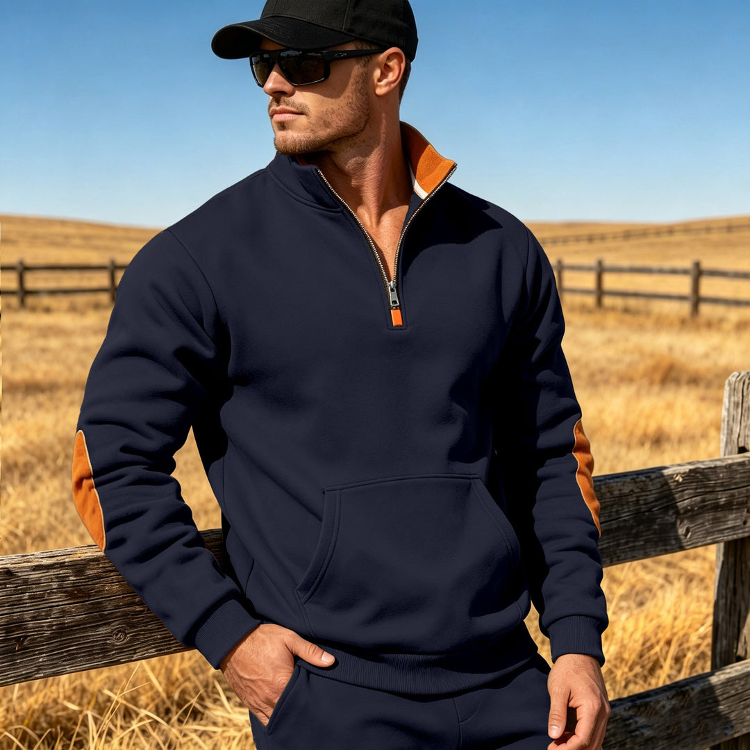 Herren Athletisches Halbzip-Sweatshirt mit Ellenbogenpatches und Kängurutasche Drune