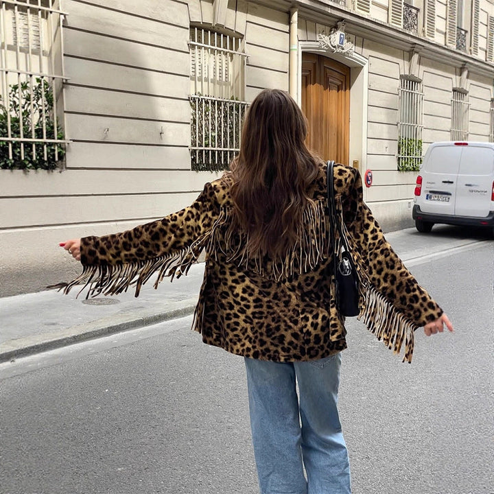 Damen Leoparden-Wildlederjacke mit Fransen und modischem Schnitt Drune