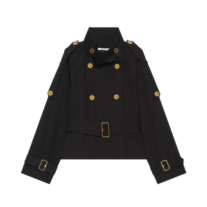 Damen Kurzer doppeltreihiger Trench‑Cape mit Schulterklappen und Taillengürtel Drune