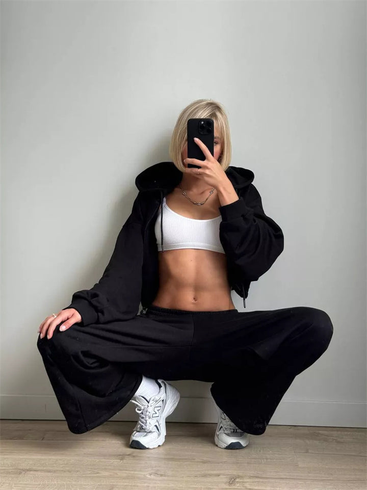 Damen cropped Kapuzenzipper mit Ballonärmeln und elastischem Saum Drune
