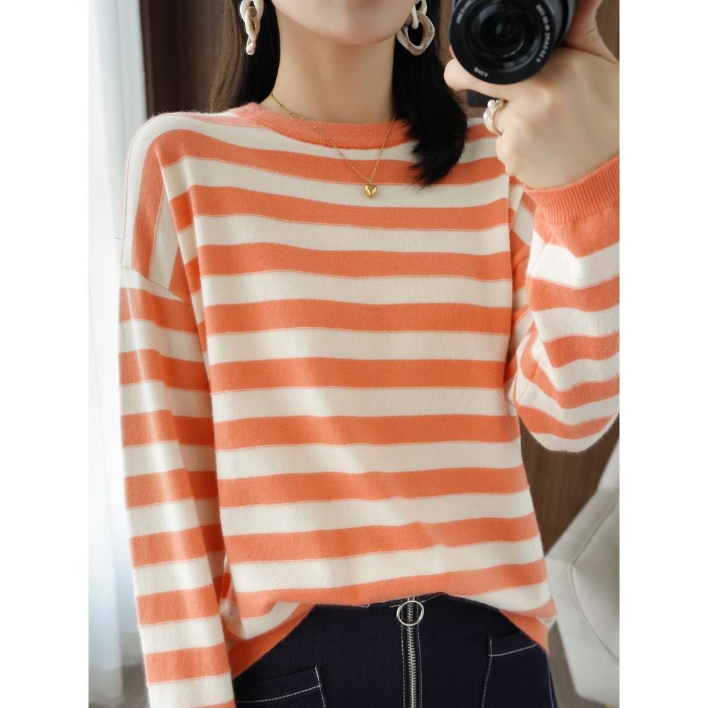 Damen lässiger Strickpullover mit breiten Streifen Drune