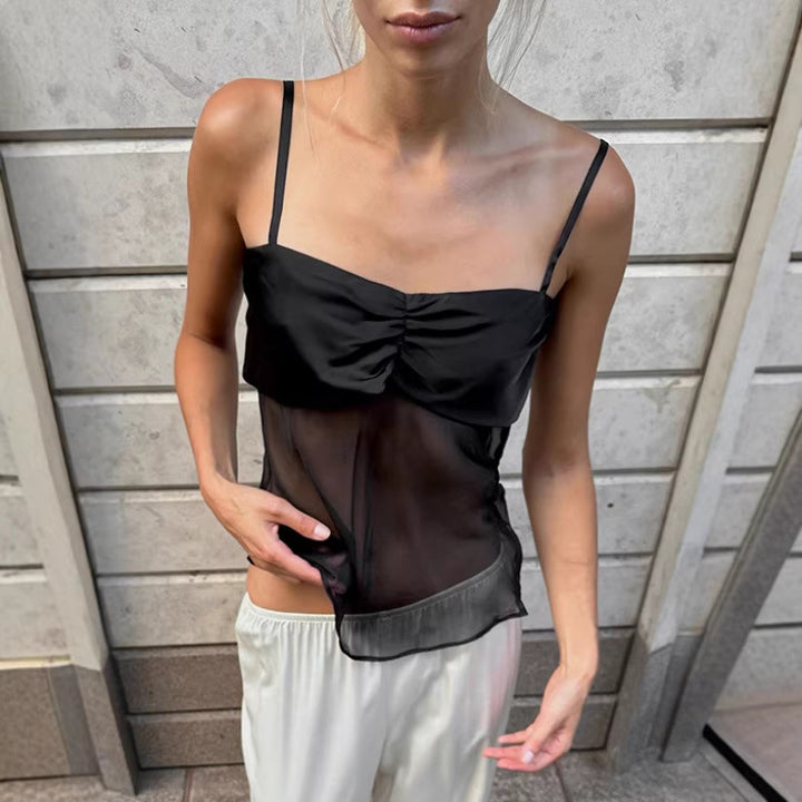 Damen Sexy Trägertop mit transparentem Stoff und raffiniertem Falten-Design Drune