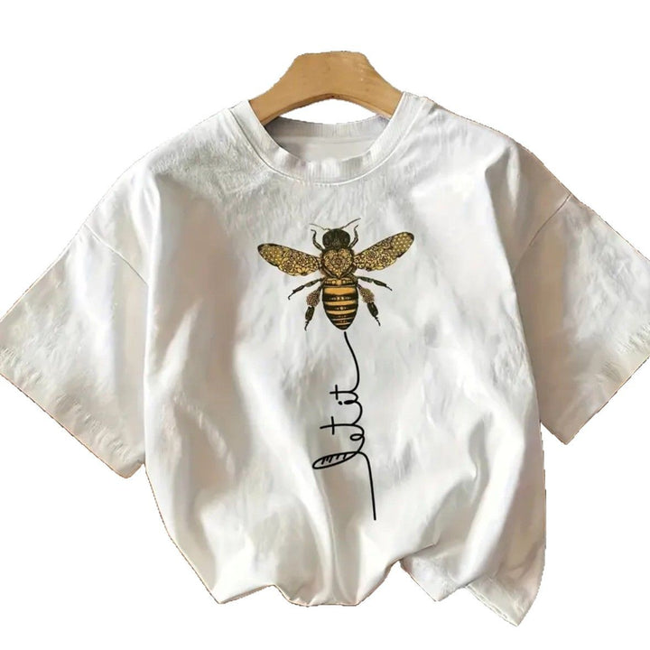 Damen T-Shirt mit künstlerischem Bienenmotiv und lässigem Schriftzug Drune