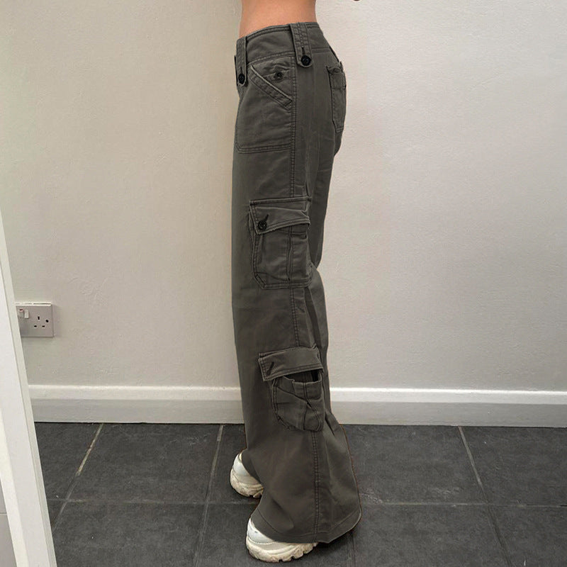 Damen Cargo-Hose mit hoher Taille, weitem Bein und mehreren Klappentaschen Drune