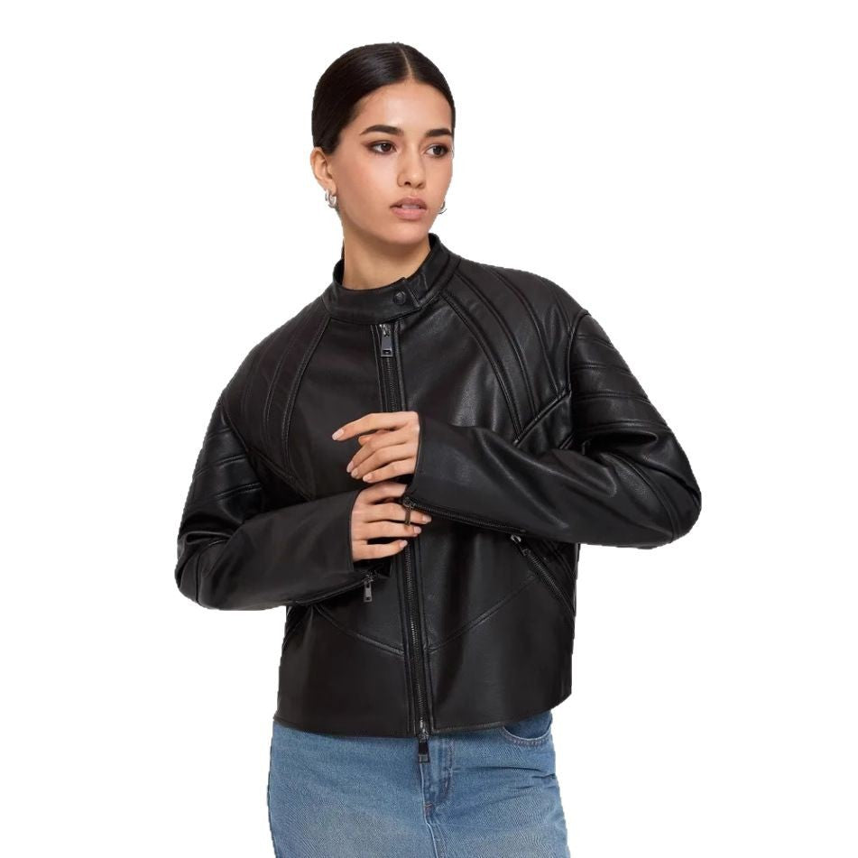 Damen Kunstleder Bikerjacke mit strukturiertem Design Drune