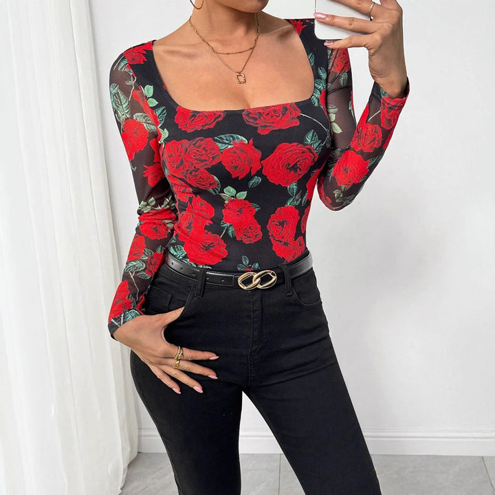 Damen nan figurnahes Stretchshirt mit quadratischem Ausschnitt, feiner Meshstruktur und großflächigem Rosenprint Drune