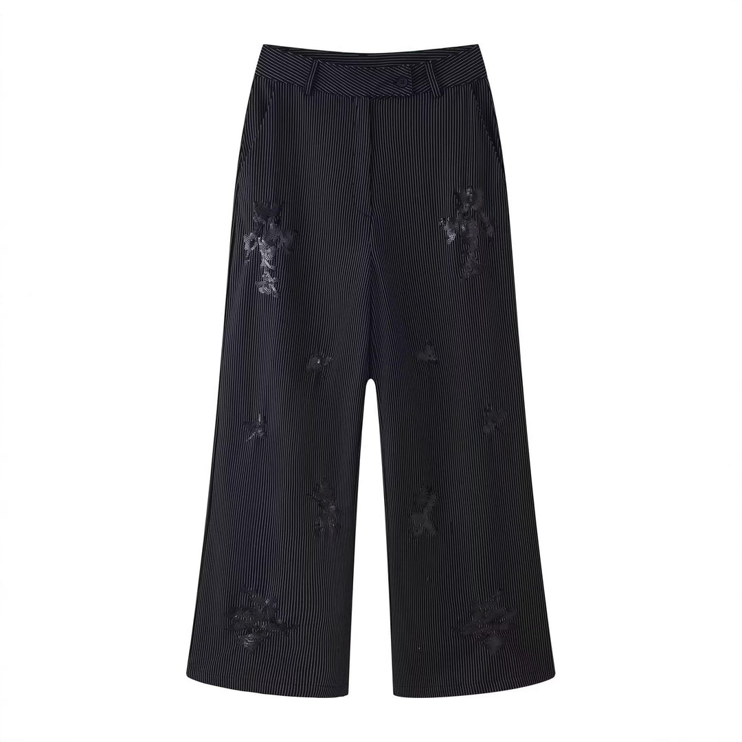 Damen Hochtaillierte weite Marlenehose mit Nadelstreifen und Paillettenstickerei Drune