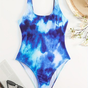 Damen Einteiliger sportlicher Badeanzug mit modischem Tie-Dye-Design Drune