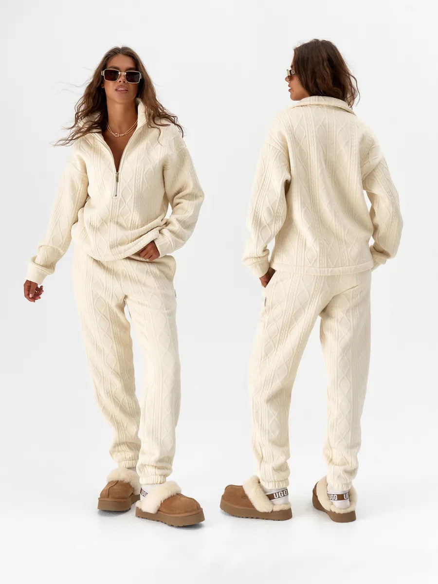 Damen Zopfstrick-Lounge-Set mit halbem Reißverschluss und hochtaillierter Jogginghose Drune