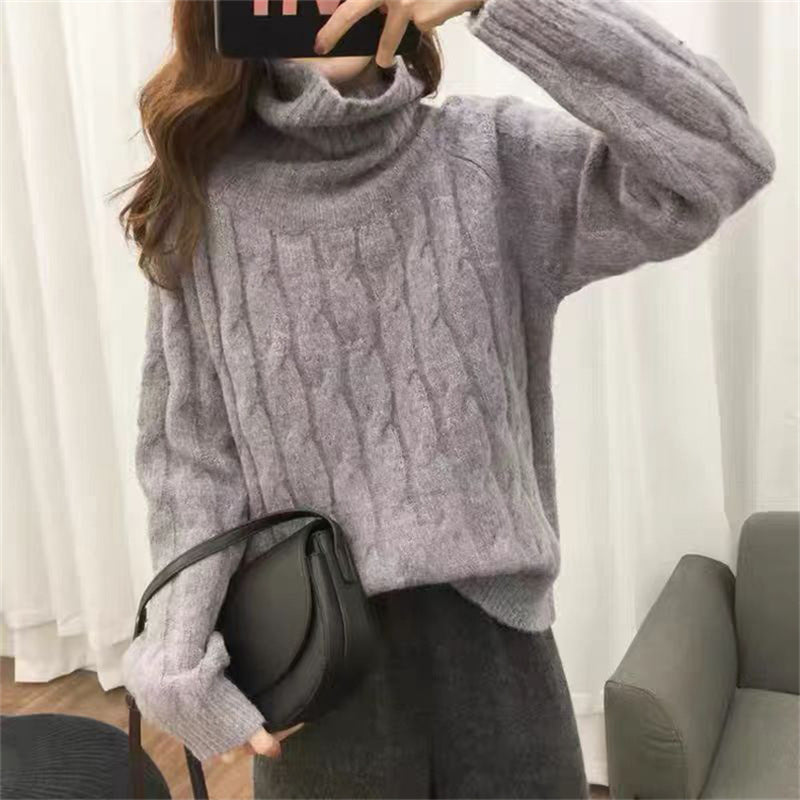 Damen Strickpullover mit hohem Kragen und Zopfmuster Drune