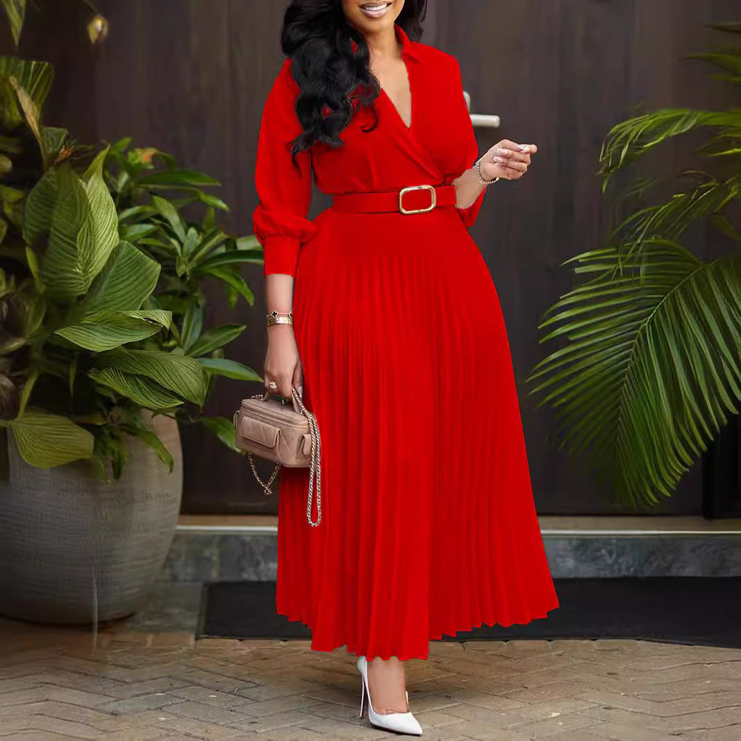 Maxikleid mit Plissee, Wickel-Design, Hemdkragen, tailliertem Gürtel und langen Manschettenärmeln Drune