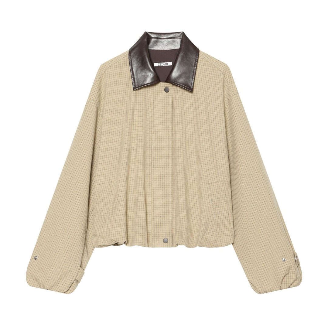 Damen Cropped-Boxy-Übergangsjacke mit Karomuster und kontrastierendem Kunstlederkragen Drune