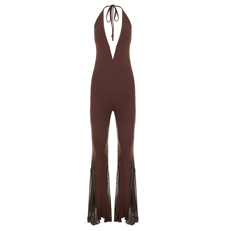 Damen Flared Jumpsuit mit V-Ausschnitt und Rückenschnürung Drune