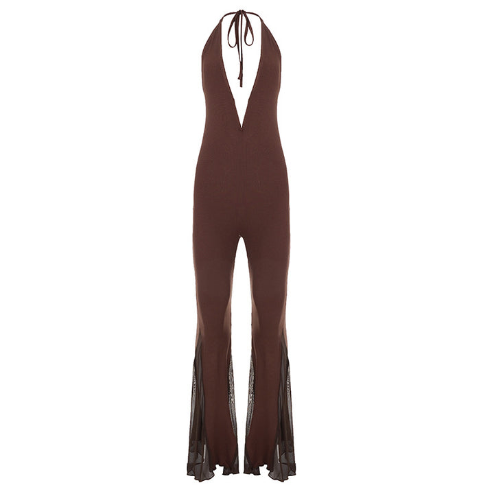 Damen Flared Jumpsuit mit V-Ausschnitt und Rückenschnürung Drune