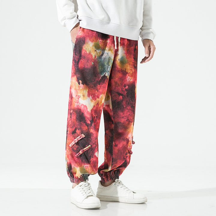 Herren Tie-Dye Baggy Jogginghose mit Tunnelzug, Gummibündchen und dekorativen Riemen Drune