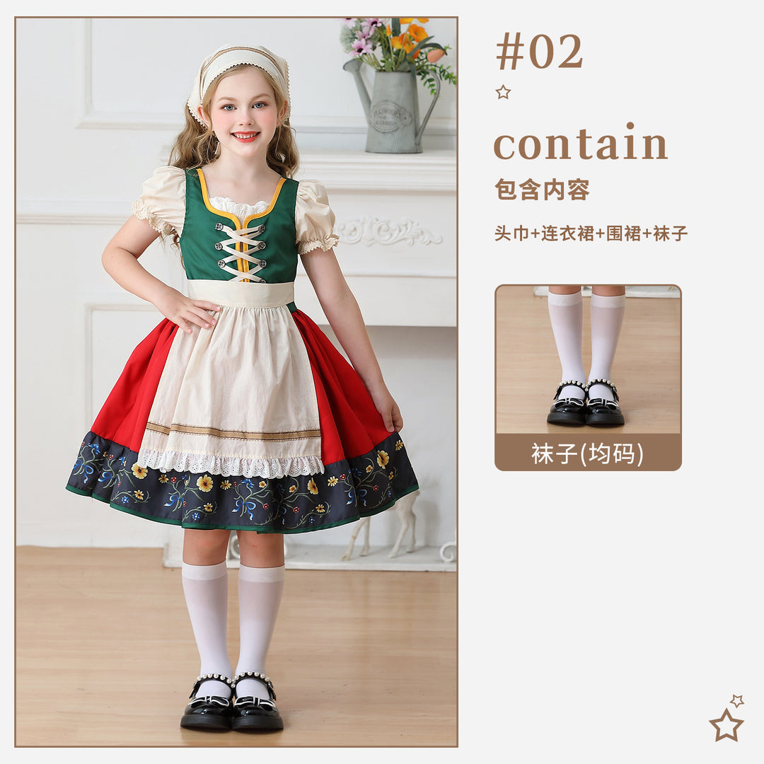 Damen nan traditionelles Kinderdirndl Kleid mit dekorativer Schnürung Schürze und Spitzenkopftuch Drune