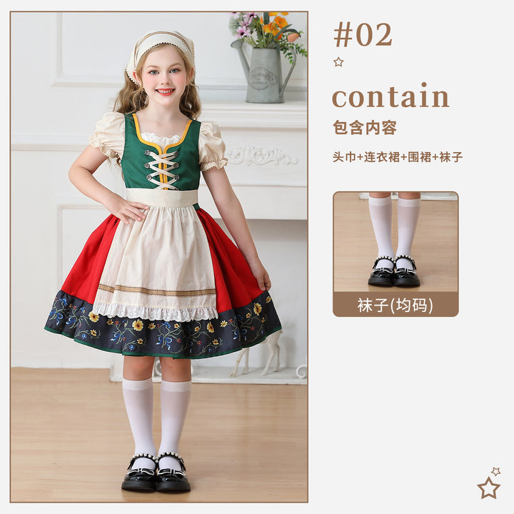 Damen nan traditionelles Kinderdirndl Kleid mit dekorativer Schnürung Schürze und Spitzenkopftuch Drune