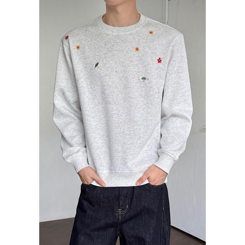 Herren Rundhals-Sweatshirt mit minimalistischer Blumenstickerei und cleanem Schnitt Drune
