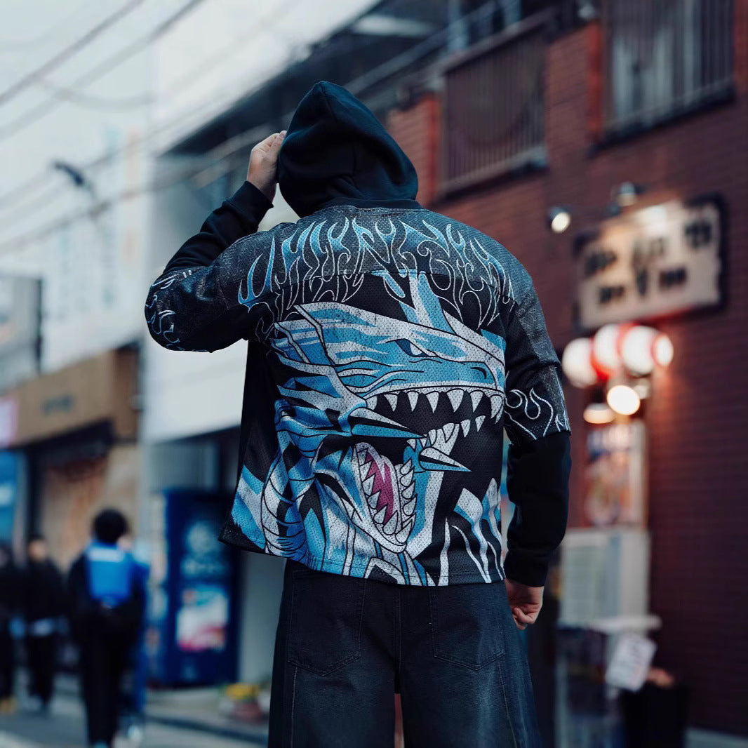 Unisex nan atmungsaktives Netz-Jersey mit großflächigem Anime-Print und V-Ausschnitt Drune
