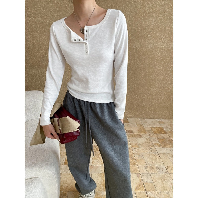 Damen Langarm-Henley-Shirt mit Knopfdetails Drune