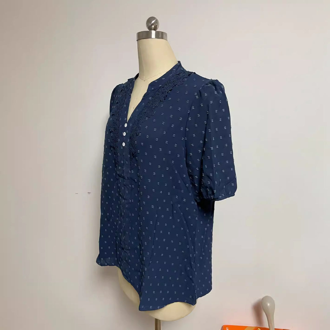 Damen nan semitransparente Dobby-Bluse mit Stehkragen, Häkelblende und Puffärmeln Drune