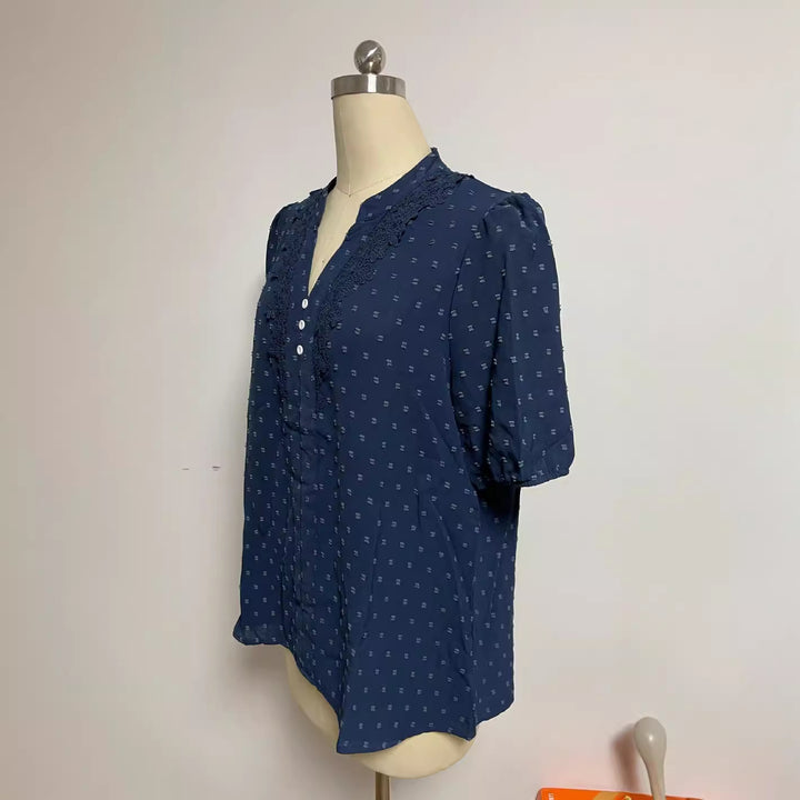 Damen nan semitransparente Dobby-Bluse mit Stehkragen, Häkelblende und Puffärmeln Drune