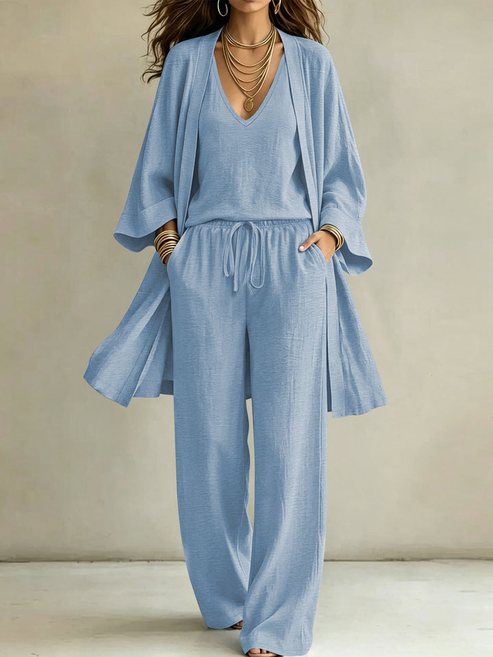 Damen Lässiges Lounge-Set mit Kimono-Cardigan, V‑Ausschnitt-Shirt und weiter Kordelhose Drune