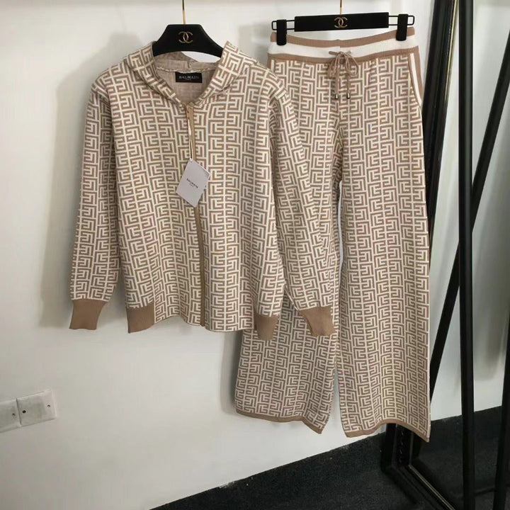 Damen modisches Strick-Loungewear-Set mit grafischem Muster Drune