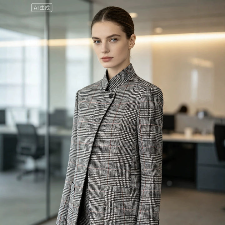 Damen Glencheck-Kurzblazer im Boxy-Schnitt mit Stehkragen und verdeckter Knopfleiste Drune